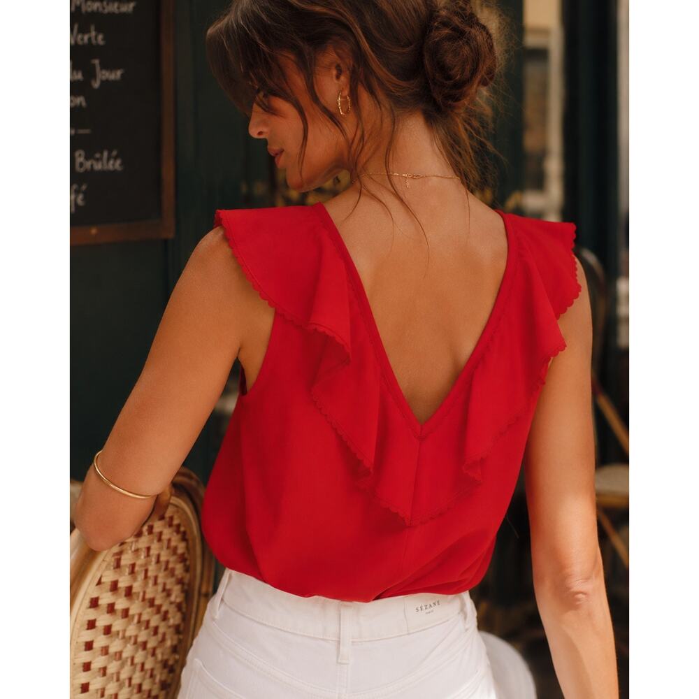 Sezane Red Ruffled V-Neck Tank Top - Picture 2 of 9